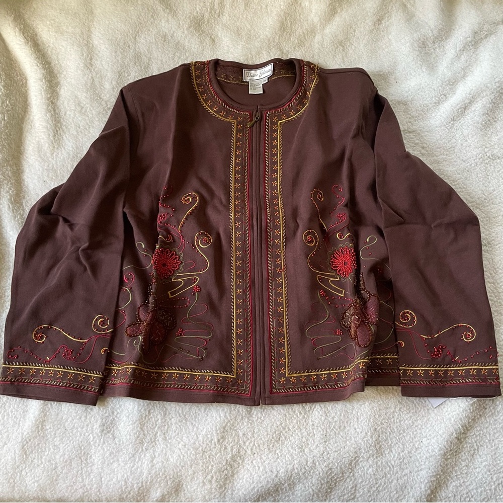 Vintage Diane Gilman 100% Cotton Embroidered Zip Up Sweater NWT Chocolate 2X
